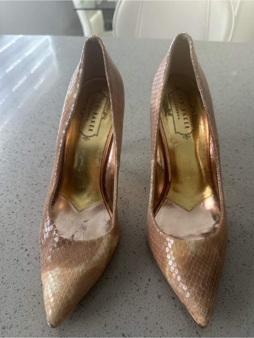 Ted Baker Metallic Rose Gold Snakeskin Pointed Toe Pumps
